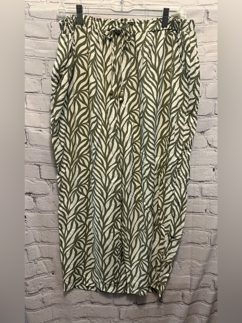 Soho Apparel Olive & White Leaf-Print Dress Pants